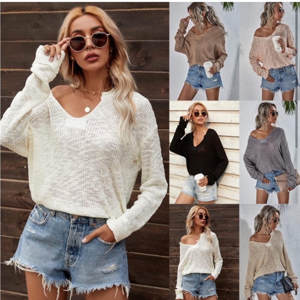 Boutique cream boho deep v-neck sweater